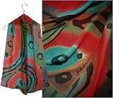 ULRIKE Oblong Chiffon Silk Scarf - with chocolate-, mauve-, and sienna-browns plus turquoise, geranium red and grass green all overdrawn with dots and lines of black.