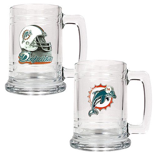 NFL Miami Dolphins Two Piece 15-Ounce Glass Tankard Set - Primary & Helmet Logo