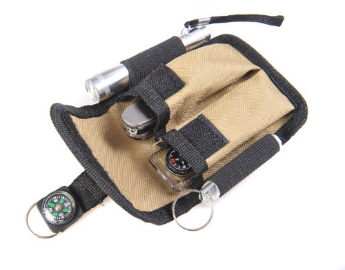 Voyage: Outil portatifs Multi-fonctions (6-en-1): Sifflet, Multi-Function ustensils de table (fourchette, couteau, ouvre-bouteille, cuillère), boussole / thermomètre, loupe, lampe de poche, crochet d'escalade, miroir, filet, Traveler1