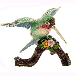 Large Hummingbird Swarovski Crystals Blue Green Teal Aqua Hummingbird Jewelry Trinket Bird Box Flowered