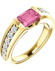 14K Yellow Gold 7.00x5.00mm Emerald Cut Pink Sapphire and Diamond Ring -- LIFETIME WARRANTY