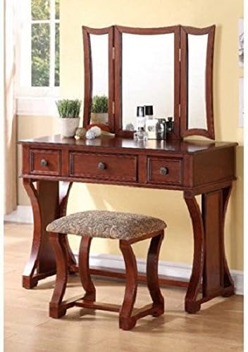 PNX Bobkona Edna Vanity Set, Cherry, Tri-fold mirror vanity table with stool set, Two small drawer and one large center drawer, Antique brass-look drawer handle.
