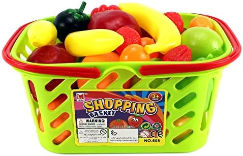 Life Sized Shopping Basket Toy Food Play Set w/ Assorted Toy Fruit &amp; Vegetables