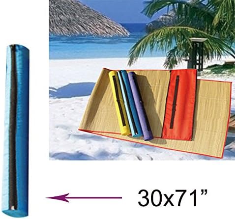 Woven Tropical Straw Large Beach Mat with Color Trim and Matching Zippered Carrying Case. 30" x 71", Assorted Colors, Blue, Red, Teal Green