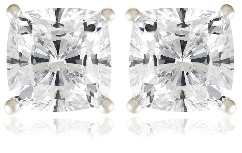 Platinum Plated Sterling Silver 7x7 mm Cushion-Cut Cubic Zirconia Stud Post Earrings