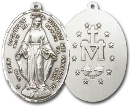 Extraordinary Rare Quality Vintage Die Very Large .925 Solid Sterling Silver Miraculous Medal Virgin Mary Immaculate Conception Vatican Commissioned 100 Year Old Design Relic Medal Pendant Necklace with a solid 24" Rhodium Finished Stainless Steel Chain