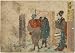 Poster Print of Artwork showing a woman propositioning two men at the doorway to a br...