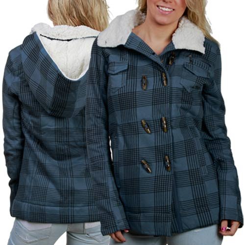 Hurley Winchester Sherpa Navy Blue Plaid Juniors Hooded Peacoat