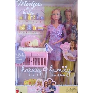Barbie Happy Family MIDGE and BABY Doll Set w 3-in-1 Crib, Table and Cradle (2002) by Midge & BaHappy Family Mom & Baby
