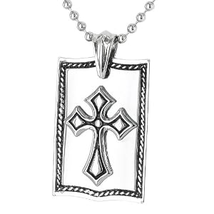 Polished Stainless Steel Cross Dog Tag on a 24 Inch Chain