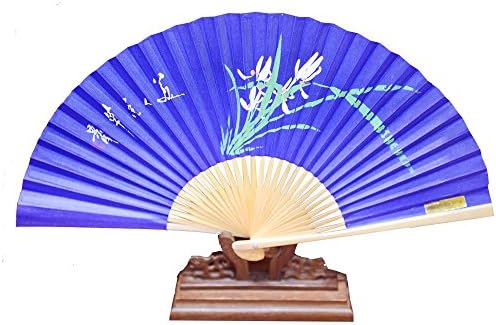Congyixuan 100% Chinese Handmade Natural Bamboo Sheet with Silk Fabric Surface Hand Held Fan /Hand Painted Blue Cherry Blossom Folding Fan for Wedding Guests Giveaway Gifts