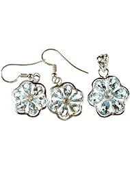 Fine Cut Blue Topaz Flower Pendant with Earrings Set - Sterling Silver