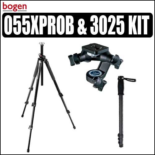 Manfrotto 055XPROB Pro Tripod Legs Black & Manfrotto 3D Junior Head - Supports 6.7 Lbs & Bonus Monopod