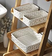3 White Rattan Storage Baskets