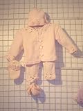 Cpk81, Knitted on Hand Knitting Machine Baby Pink Chenille Hand Crochet Finish Girls Cardigan Pant Hat Booty Mitten Set Trimmed with Satin Rosebuds