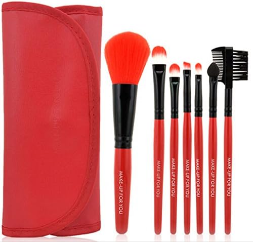 MOONKINI Professional 7 pcs various color available mini Makeup Brush Set tools with Roll-up pouch@Red