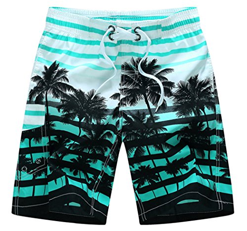 Men's Coconut Tree Printed Stripe Beach Shorts Swim Trunks Blue Asian XL