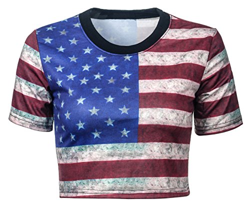 Womens Slim Hipster Round Neck Short Sleeve Multi Print Crop