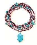 Image of Bobijou 925 NHR084(S) Silver Clasp Ladies Long Aubergine Pearl, Turquoise Beads and Large Pendant Necklace