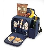 Picnic Time Malibu Insulated Shoulder Pack with Deluxe Picnic Service for 2, Navy Blue