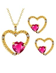 2.17 Ct Heart Shape Pink Mystic Topaz Gold Plated Silver Pendant Earrings Set