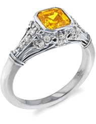 Gemesis Created Diamond, Vivid Fancy Yellow Orange, Renaissance Collection Fashion Solitaire With Diamond Accents, 18Kt W/G, Ring, 1.6 TCWT