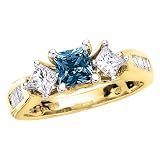 3 Diamond Princess Cut Anniversary Ring 1 ct. in 14K Yellow Gold with Blue Center Diamond
