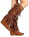 Nature Breeze BD05 Women Suede Fringe Studded Moccasin Knee High Wedge Boot - Tan