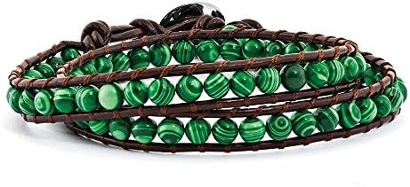 6mm Green Malachite Beads Leather Cord Multi Wrap Bracelet