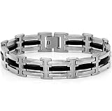 Mens Stainless Steel and Black Rubber Link Bracelet 8 1/2 inches