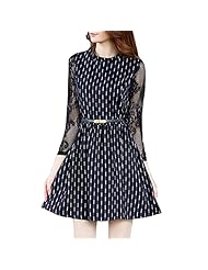 Polyester Belted Lace Sheer Plaid Print Mini Dress 