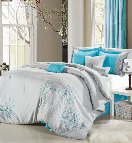 Best Sale Pink Floral Gray, Turquoise & Silver 8 Piece Queen Comforter Bed In A Bag Set