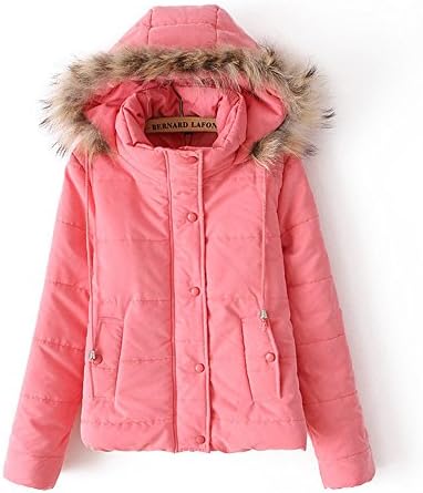 Superfs Women Winter Slim Warm Fur Collar Hooded Short Outwear Coat Pink