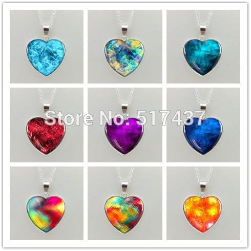 Pretty Lee New Glass Dome Necklace Blue/Rainbow/Colorful/Purple/Red Heart Necklace Art Photo Glass Pendant Silver Heart Shaped Necklaces