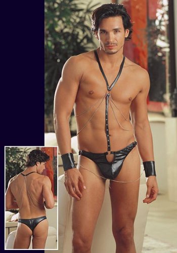 Men's Faux Leather Thong Harness With Chain Details. Includes Matching Wrist Cuffs With Removable Chain.