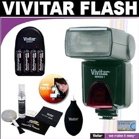 Vivitar High Power Auto Flash DF-383 with Bounce & Swivel Head + Vivitar (4) AA Batteries & Charger + Vivitar Cleaning Kit For The Olympus Evolt E-30, E-300, E-330, E-410, E-420, E-450, E-500, E-510, E-520, E-620, E-1, E-3, PEN E-P1, SP-570 Digital SLR Cameras