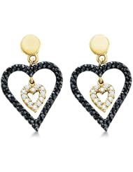 14k Yellow OR White Gold Black and White Diamond Love Heart Shape Dangle Earrings (1/2 cttw)