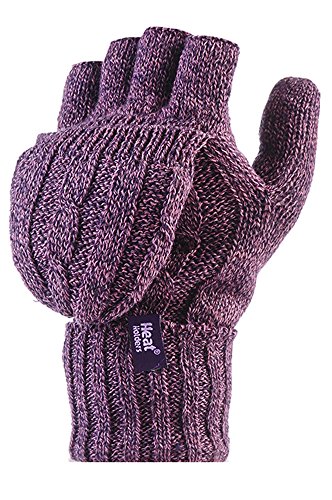 Women's Pair of Heat Holder Thermal Cable knit FINGERLESS mitten cap Gloves Purple
