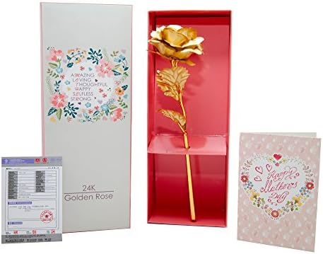Mother's Day 24k Gold Dipped Artificial Rose Flower 10" Long Stem With Card and Gift Box