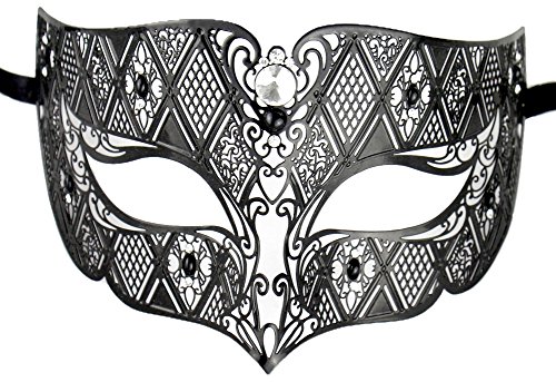 Luxury Mask Diamond Design Laser Cut Venetian Masquerade Mask, Black/Clear Stones, One Size