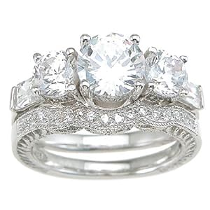 Vintage Style Cubic Zirconia CZ Three Stone Wedding and Engagement Ring Set in Size 5 6 7 8 9