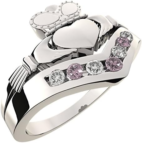 Sterling Silver, Sapphire Pink CZ Diamonds, October Birthstone and Libra Zodiac Colors, Irish Claddagh Wishbone Band Ring, Love, Loyalty and Friendship - 7