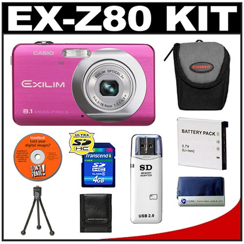 Casio Exilim EX-Z80 (Vivid Pink) Digital Camera with 4GB SDHC Memory Card + NP-60 Battery + Case + Cameta Bonus Accessory Kit