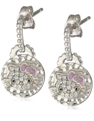 Hello Kitty by Simmons Jewelry Co. "Hammered Disc White Rhodium" White Rhodium Plated with Swarovski Crystal Pave Dangle Drop Earrings
