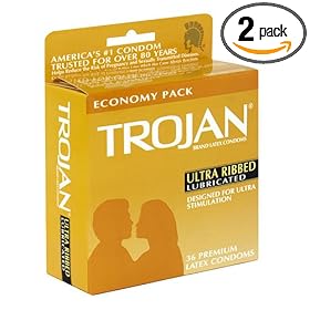 Click here to buy Ultra Ribbed Latex Condoms, Primium Lubricant, 36-Count Boxes (Pack of 2). by Trojan.