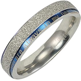 Stainless Steel Blue and Sparkle Silver "You are always in my heart" 4mm Band Ring - Women: Dahlia: Jewelry