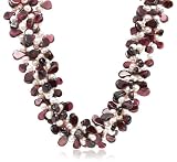 Sterling Silver 4-Row Freshwater Cultured Pearl 3.4-4mm & Garnet Necklace