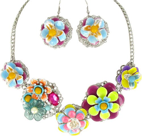 Multi Color Flower Medallion Necklace & Earrings Set Fashion Jewelry