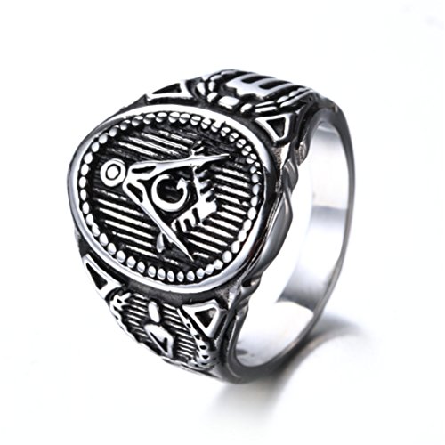 OAKKY Men's Stainless Steel Vintage Masonic Freemason Ring Biker Symbol Member Band Silver Black Size 11