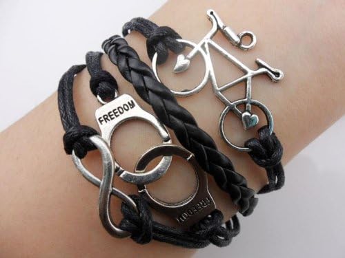 Antique Silver Bicycle Infinity Bracelet Bike Handcuffs Freedom Black Knit Karma